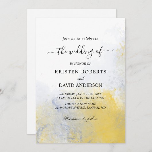 カラー洗浄イエローとブルーの結婚式招待状 招待状 (正面/裏面)