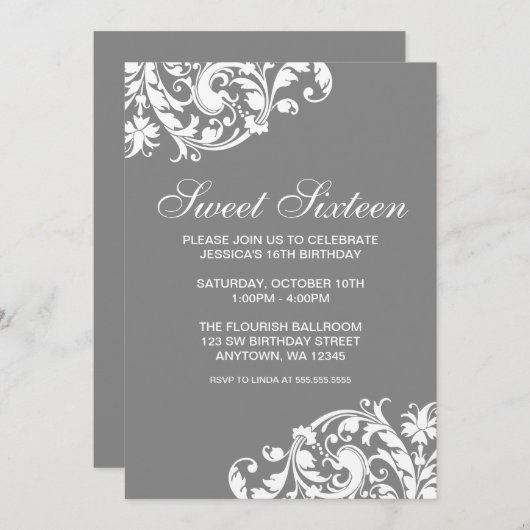 カラー渦巻き描画スイート16誕生日 招待状 (正面/裏面)