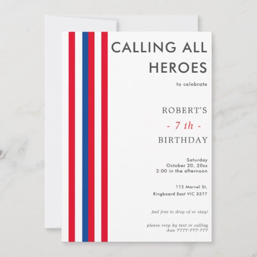 カラー漫画インスパイアススーパーヒーローバースデーパーティー 招待状 (正面)