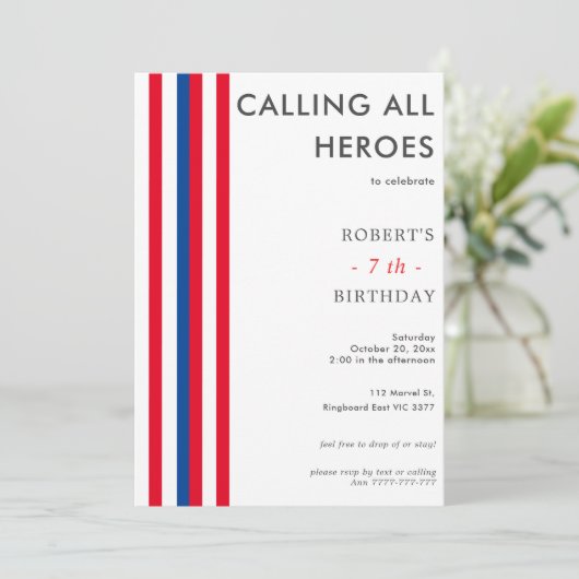 カラー漫画インスパイアススーパーヒーローバースデーパーティー 招待状 (スタンド正面)