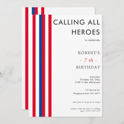 カラー漫画インスパイアススーパーヒーローバースデーパーティー 招待状 (正面/裏面)