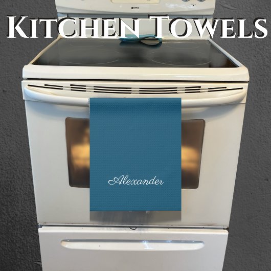 カラー無地のダークティール（緑がかった色）ブルーテンプレートホワイトスクリプト キッチンタオル