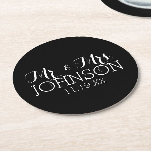 カラー無地のブラック氏とミセス・結婚式の引き出物 ラウンドペーパーコースター (アングル)