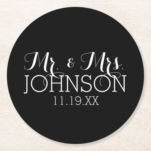 カラー無地のブラック氏とミセス・結婚式の引き出物 ラウンドペーパーコースター (正面)