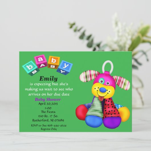 カラー玩数々の具犬ベビーシャワー招待状 招待状 (スタンド正面)