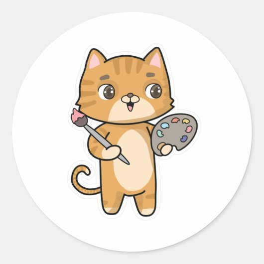 カラー絵画ブラシ付き猫 ラウンドシール (正面)