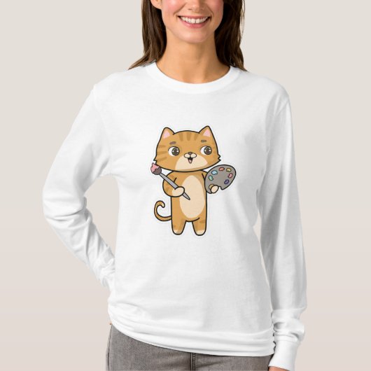 カラー絵画ブラシ付き猫 Tシャツ (正面)
