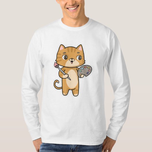 カラー絵画ブラシ付き猫 Tシャツ (正面)