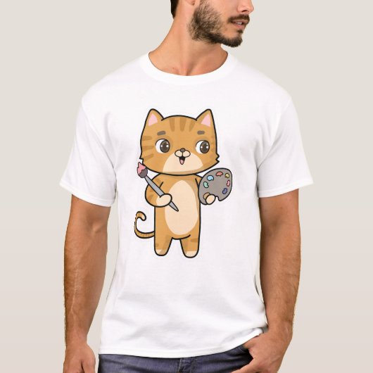 カラー絵画ブラシ付き猫 Tシャツ (正面)