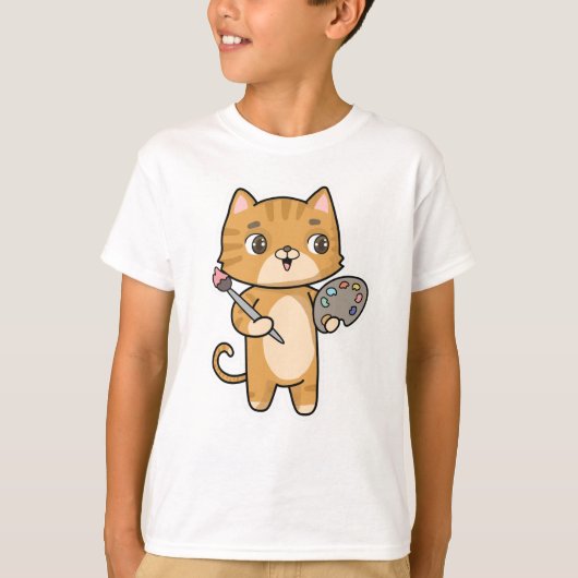 カラー絵画ブラシ付き猫 Tシャツ (正面)