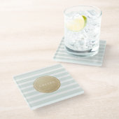 カラー編集可能なモダンシンプル応援ミントストライプの ガラスコースター (アングル)