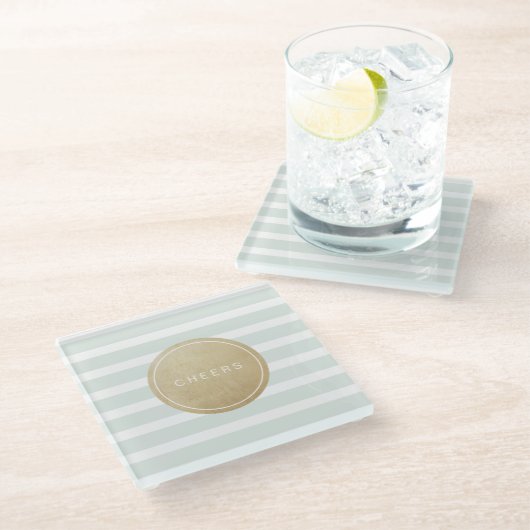 カラー編集可能なモダンシンプル応援ミントストライプの ガラスコースター (アングル)