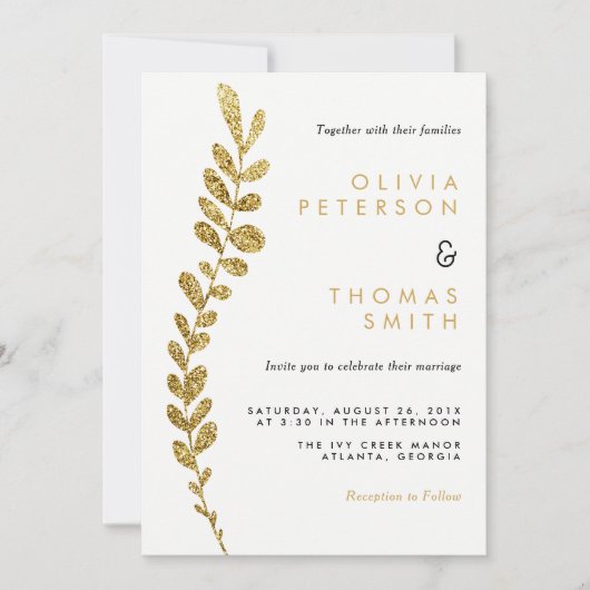 カラー編集可能フェイク金ゴールドリーフ結婚式招待状 招待状 (正面)