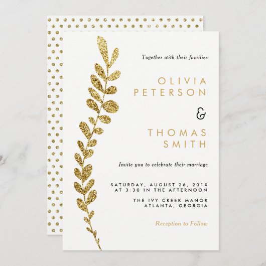カラー編集可能フェイク金ゴールドリーフ結婚式招待状 招待状 (正面/裏面)