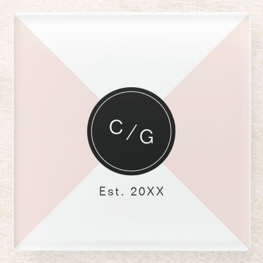 カラー編集可能ミニマルモダンリスト結婚のモノグラム ガラスコースター (正面)