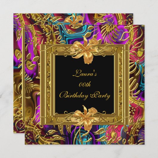 カラー華美ブラック金ゴールドダマスク誕生日パーティー 招待状 (正面/裏面)