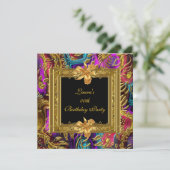 カラー華美ブラック金ゴールドダマスク誕生日パーティー 招待状 (スタンド正面)