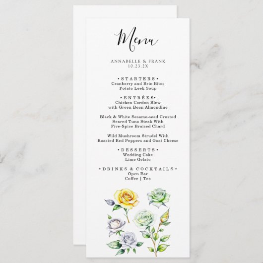 カラー鉛筆アートフローラ結婚バラのメニューカード メニュー (正面/裏面)