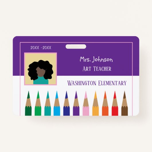 カラー鉛筆アート先生紫の横バッジ バッジ (正面)