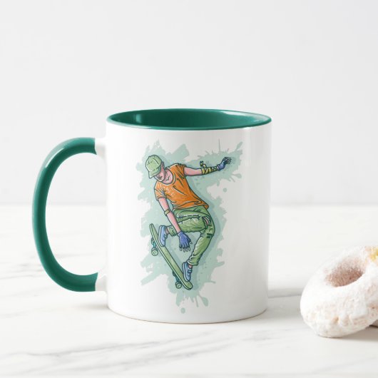 カラー飛んでいるスケーター、おもしろいイラストレーション マグカップ (ドーナツ)