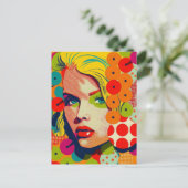 カラー鮮やかアポップ・アートのート女性ポートレートレトロ ポストカード (スタンド正面)