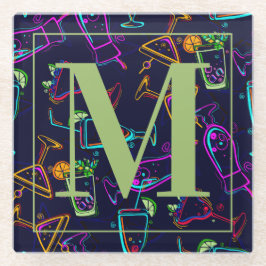 カラー鮮やかネオンカクテルオンブラック ガラスコースター