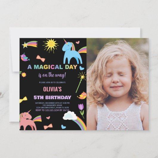 カラーUnicorn誕生日招待状と写真 招待状 (正面)