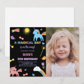 カラーUnicorn誕生日招待状と写真 招待状 (正面/裏面)