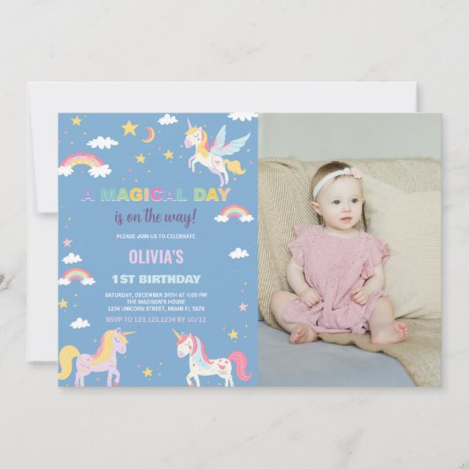 カラーUnicorns誕生日招待状と写真 招待状 (正面)