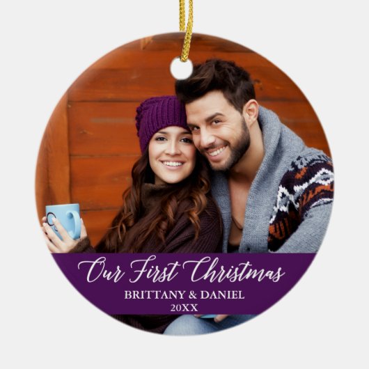 カリグライウアー初めてのクリスマス写真紫 セラミックオーナメント (正面)