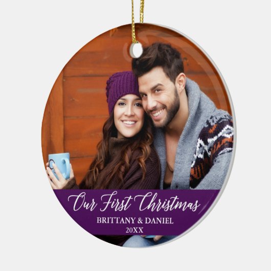 カリグライウアー初めてのクリスマス写真紫 セラミックオーナメント (左)