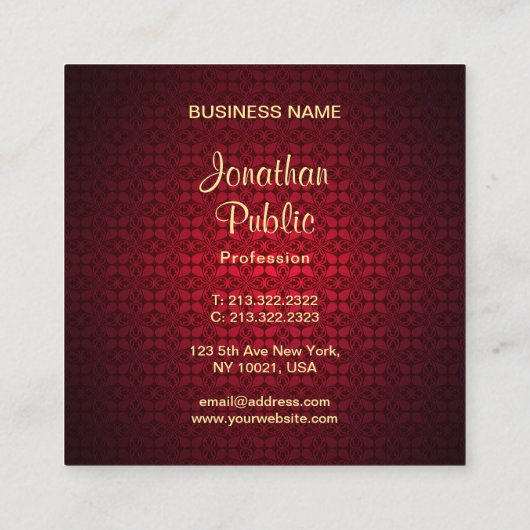 カリグラフのスクリプト名レッドダマスクテンプレートシック スクエア名刺 (裏面)