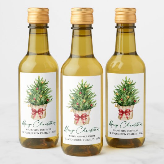 カリグラフィークリスマス水彩モミジ赤リボン ミニ ワインラベル (ボトル)
