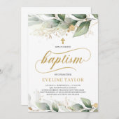 カリグラフィーグリーン ユーカリ ゴールドリーフ 洗礼 招待状 (正面/裏面)