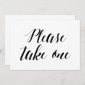 カリグラフィースタイルの「1つお取りください」ウェディングサイン 招待状 (正面/裏面)