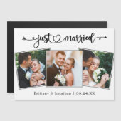 カリグラフィーハートのJust Married 3枚の写真マグネットカード (正面/裏面)