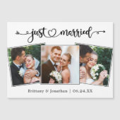 カリグラフィーハートのJust Married 3枚の写真マグネットカード (正面)