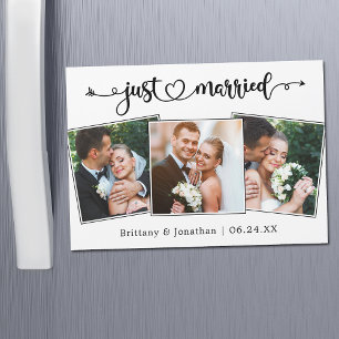 カリグラフィーハートのJust Married 3枚の写真マグネットカード