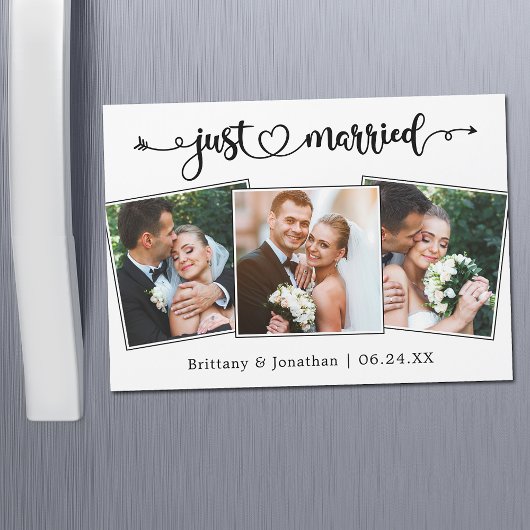 カリグラフィーハートのJust Married 3枚の写真マグネットカード
