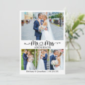 カリグラフィーハート ウェディング Mr. and Mrs. 4枚の写真 サンキューカード (スタンド正面)