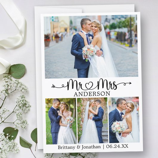 カリグラフィーハート ウェディング Mr. and Mrs. 4枚の写真 サンキューカード