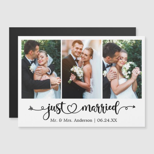 カリグラフィーハート 結婚しました 3枚の写真 マグネットカード (正面/裏面)
