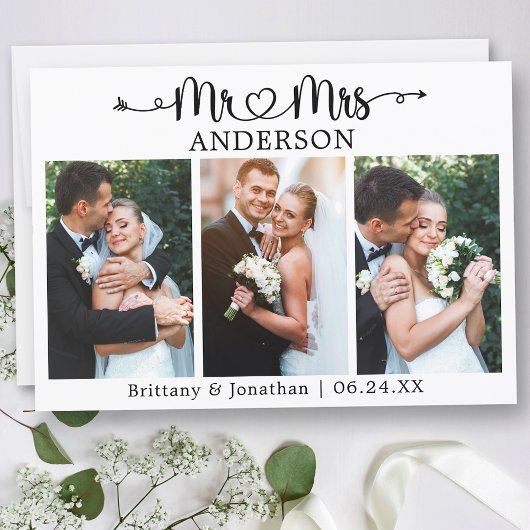 カリグラフィーハート Mr. & Mrs. 3枚の写真 ウェディング サンキューカード