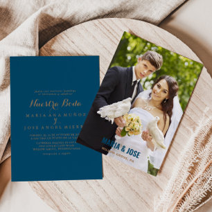 カリグラフィーブルーブラウン写真 私たちの結婚式 ウェディング 招待状