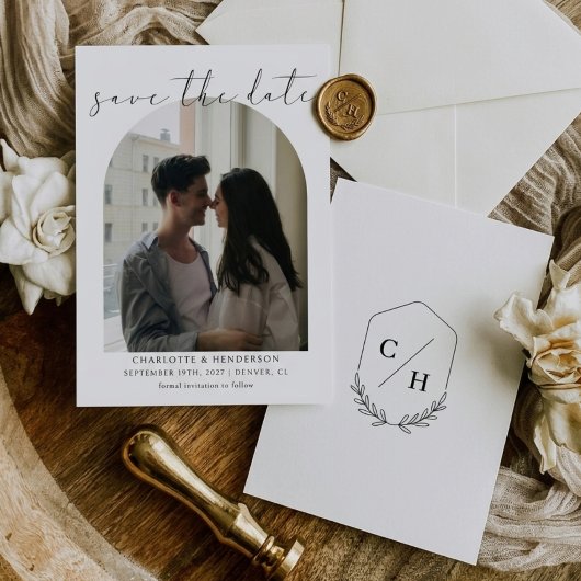カリグラフィーボホアーチフォト結婚式モノグラム セーブザデート