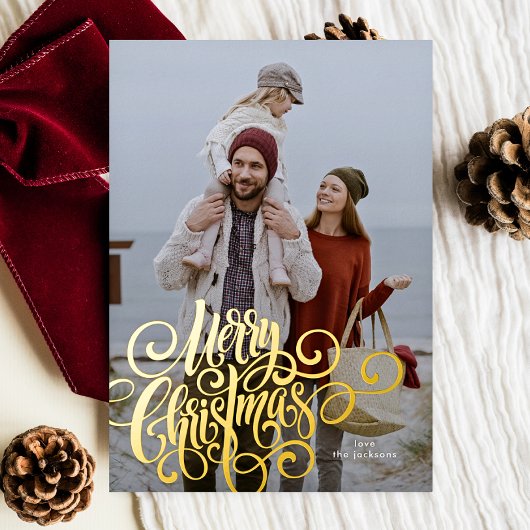カリグラフィー体 メリークリスマス ゴールド 写真 箔シーズンカード
