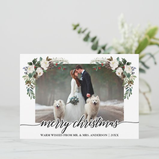 カリグラフィー冬の花緑の結婚写真 シーズンカード (スタンド正面)