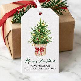カリグラフィー インク クリスマス ウォーターカラー モミの木 赤いリボン ギフトタグ