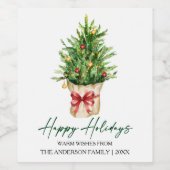 カリグラフィー インク 水彩 松 赤いリボン ホリデー ワインラベル (シングルラベル)