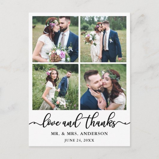 カリグラフィー ウェディング コラージュ 4 枚の写真 お礼 ポストカード (正面)